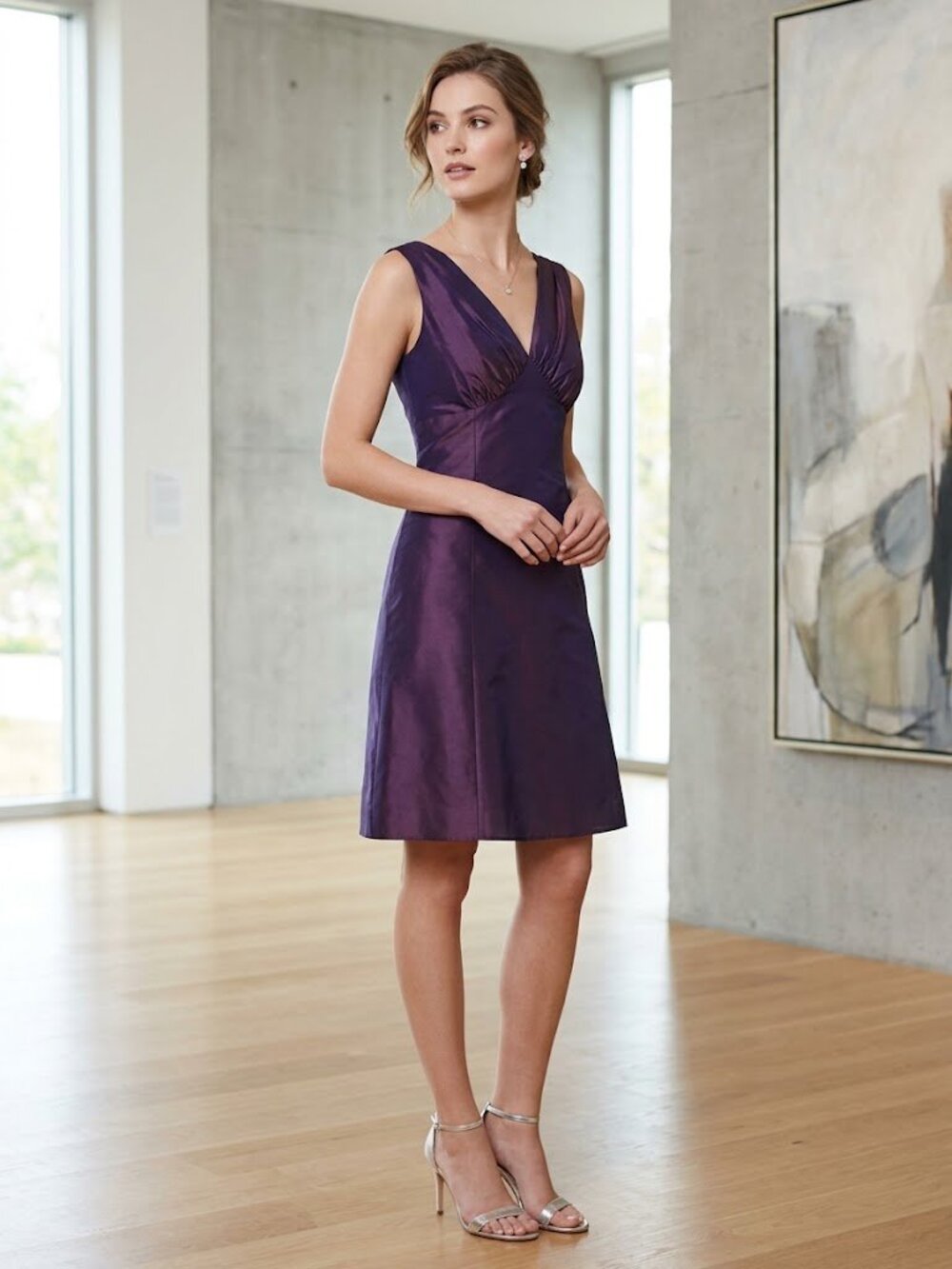 Aria 100% Silk V-Neck Empire Waist Cocktail Dress in Eggplant with Ochre Sheen